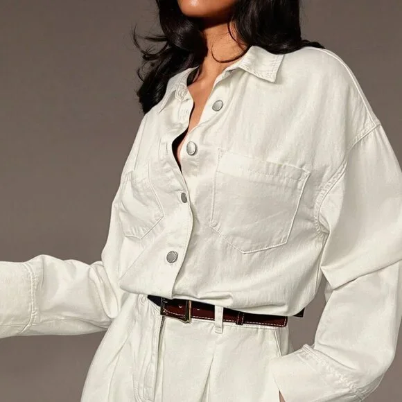 White Casual Womens Wide Leg Denim Jumpsuit - Picture 5 of 5